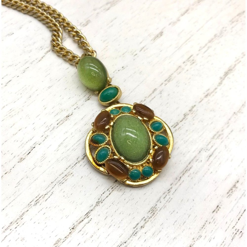 Vintage Gold Toned Necklace With Shimmer Green Ovals Blue Green And Brown Rhines